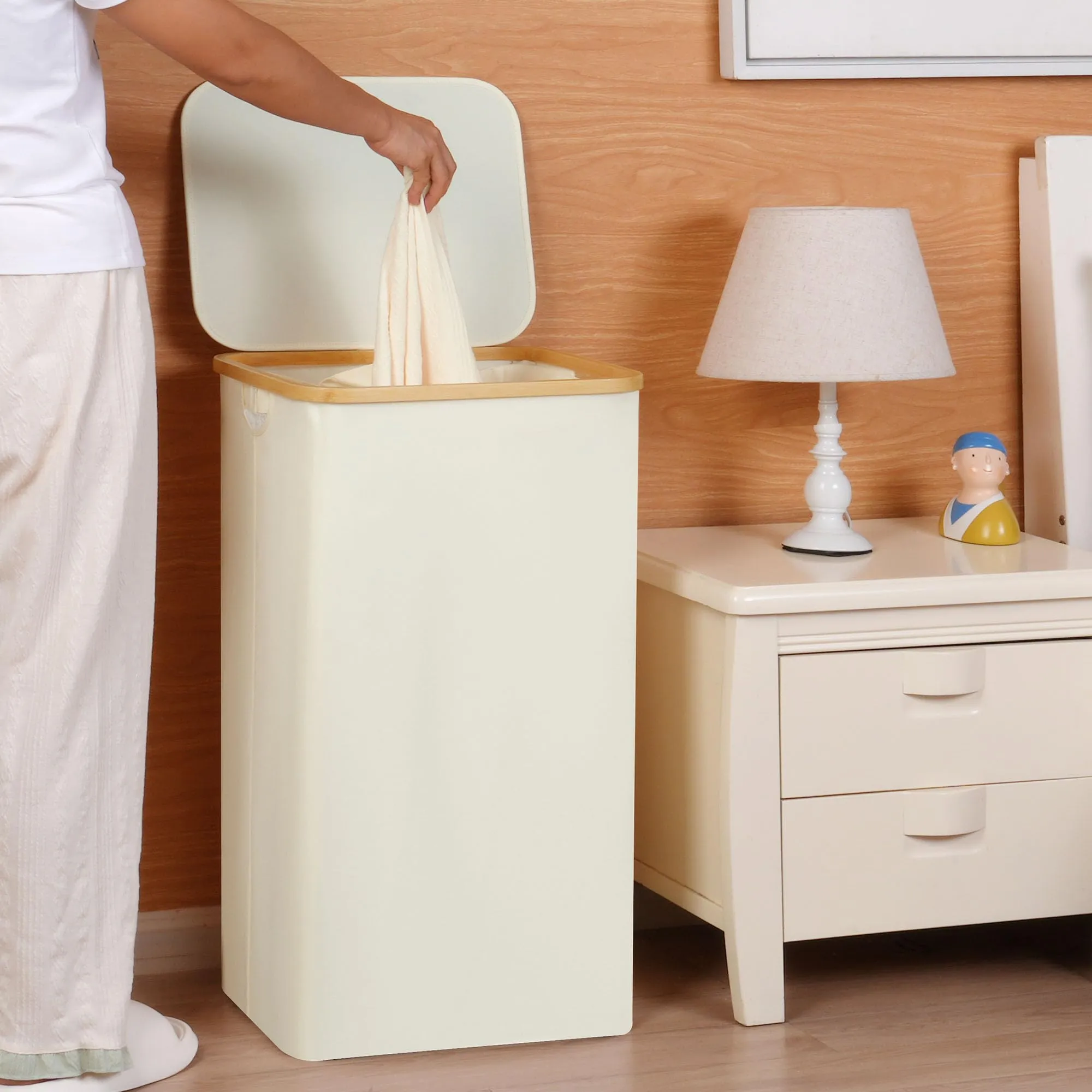 efluky Collapsible Laundry Hamper with Lid Inner Bag & Bamboo Handles for Bedroom and Bathroom 100L
