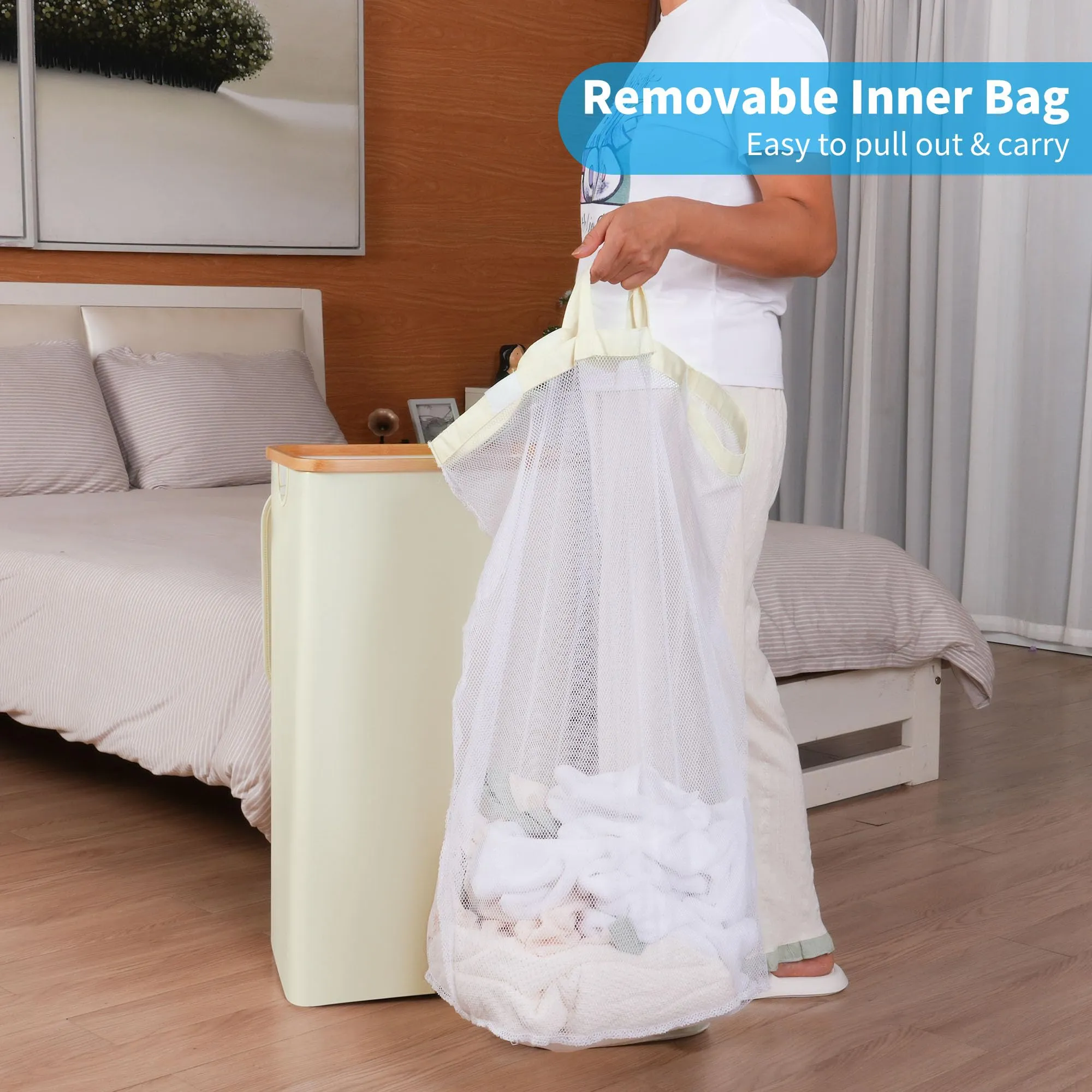 efluky Collapsible Laundry Hamper with Lid Inner Bag & Bamboo Handles for Bedroom and Bathroom 100L