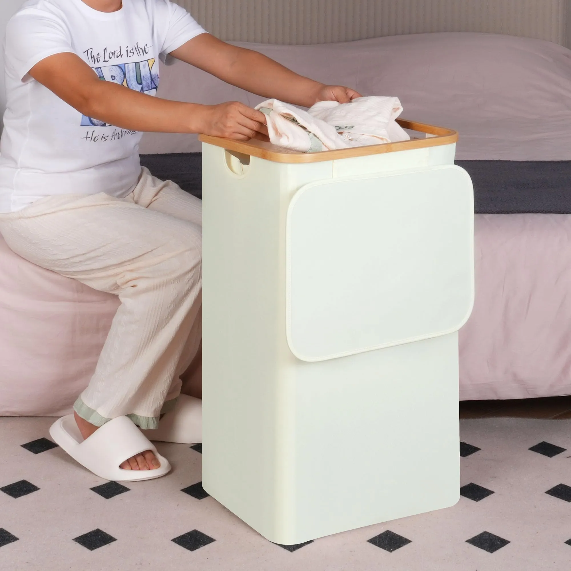efluky Collapsible Laundry Hamper with Lid Inner Bag & Bamboo Handles for Bedroom and Bathroom 100L