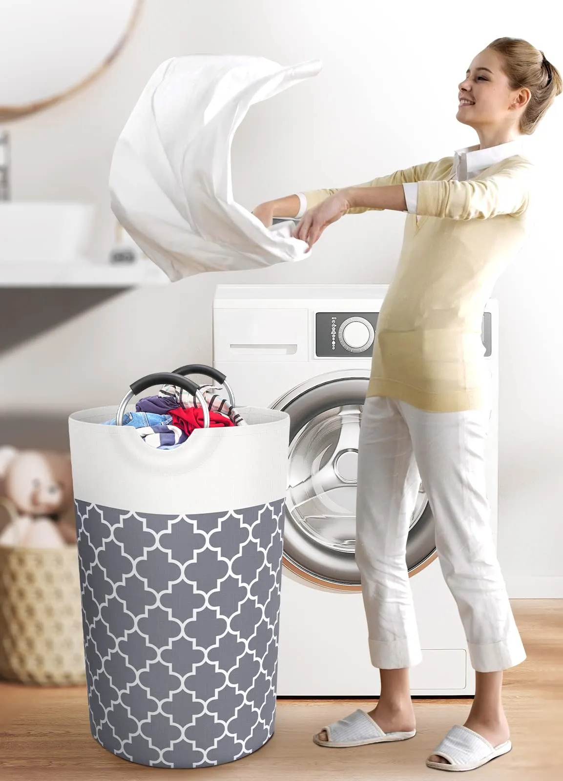 Fabspace Collapsible Tall Waterproof Laundry Basket with Handles for Travel Bathroom College Dorm Family