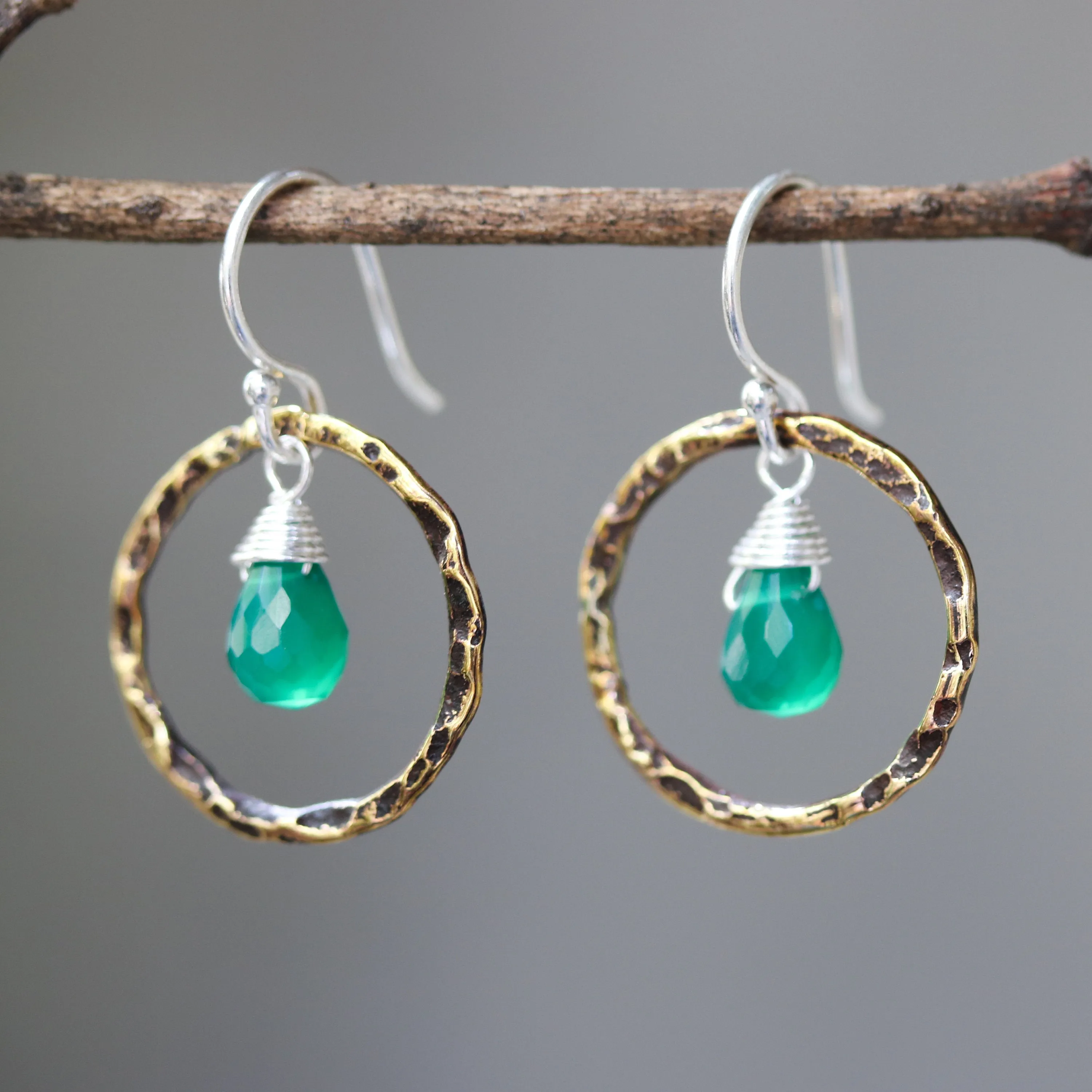 Green onyx earrings and oxidized brass circle shape in hammer textured on sterling silver hook style