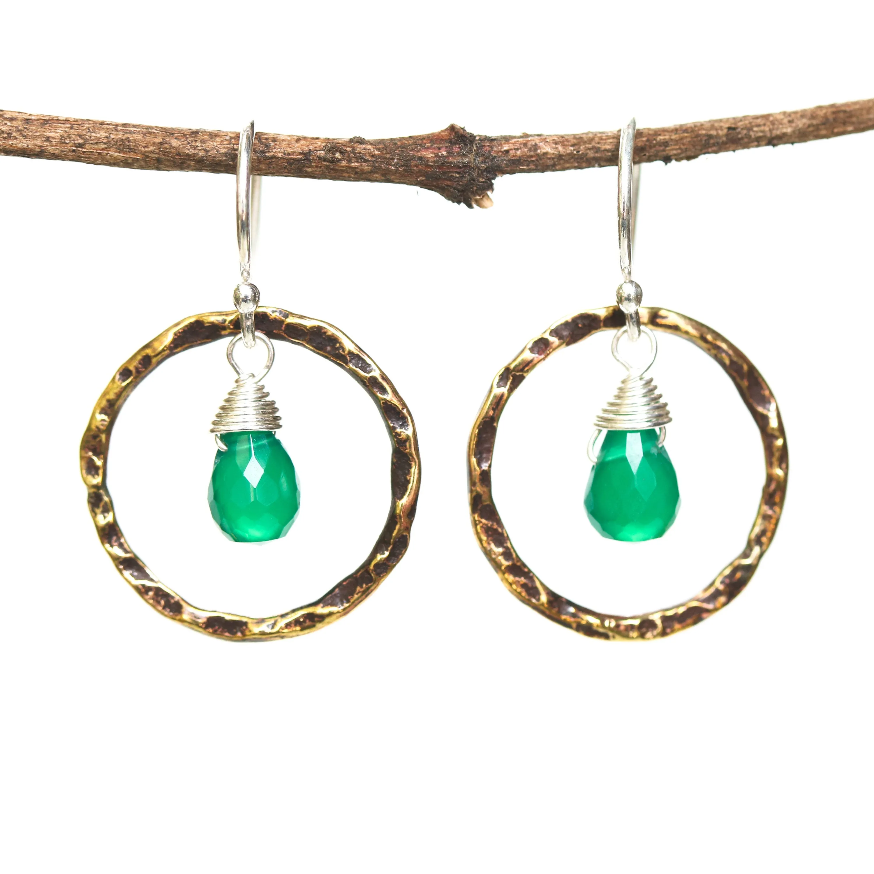 Green onyx earrings and oxidized brass circle shape in hammer textured on sterling silver hook style