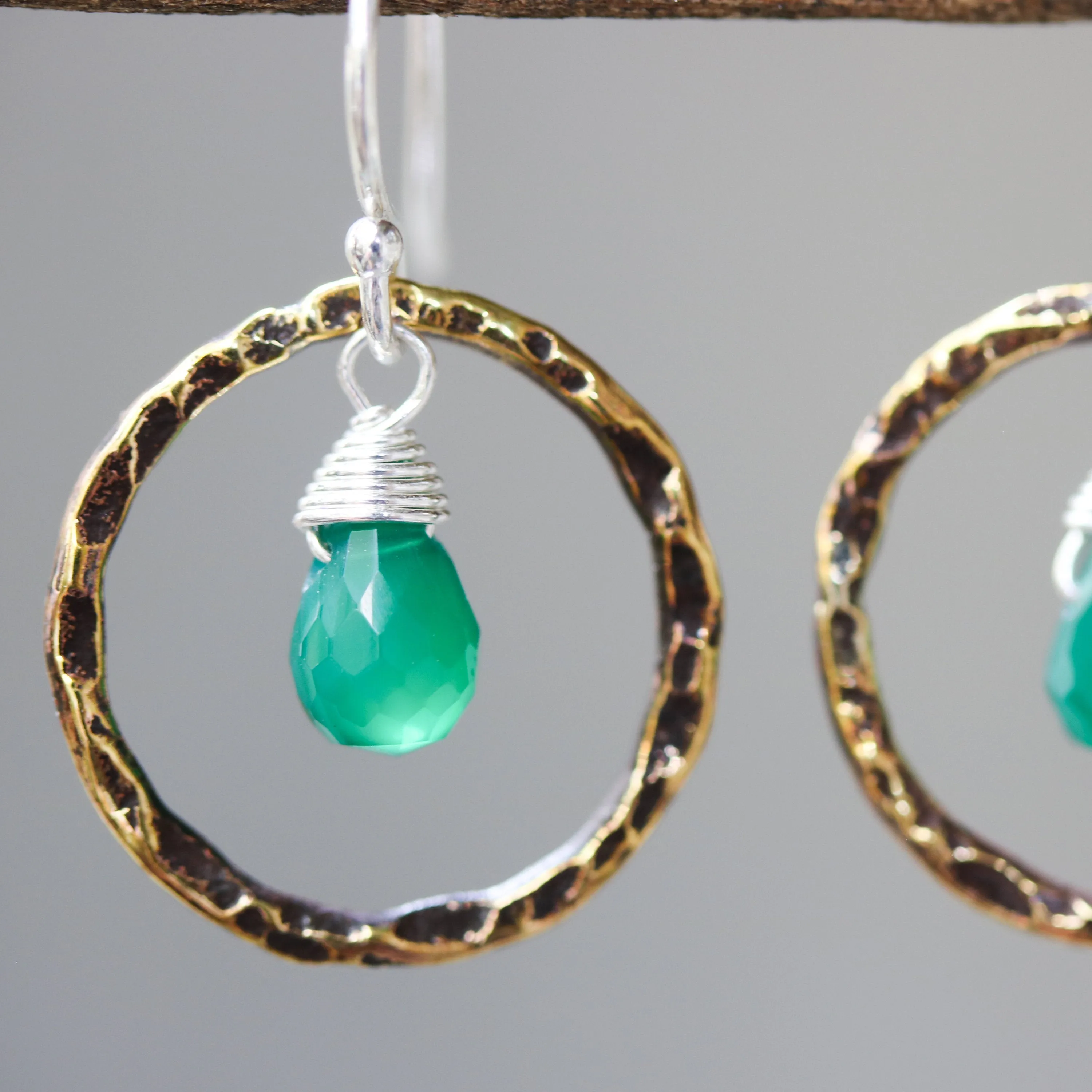 Green onyx earrings and oxidized brass circle shape in hammer textured on sterling silver hook style