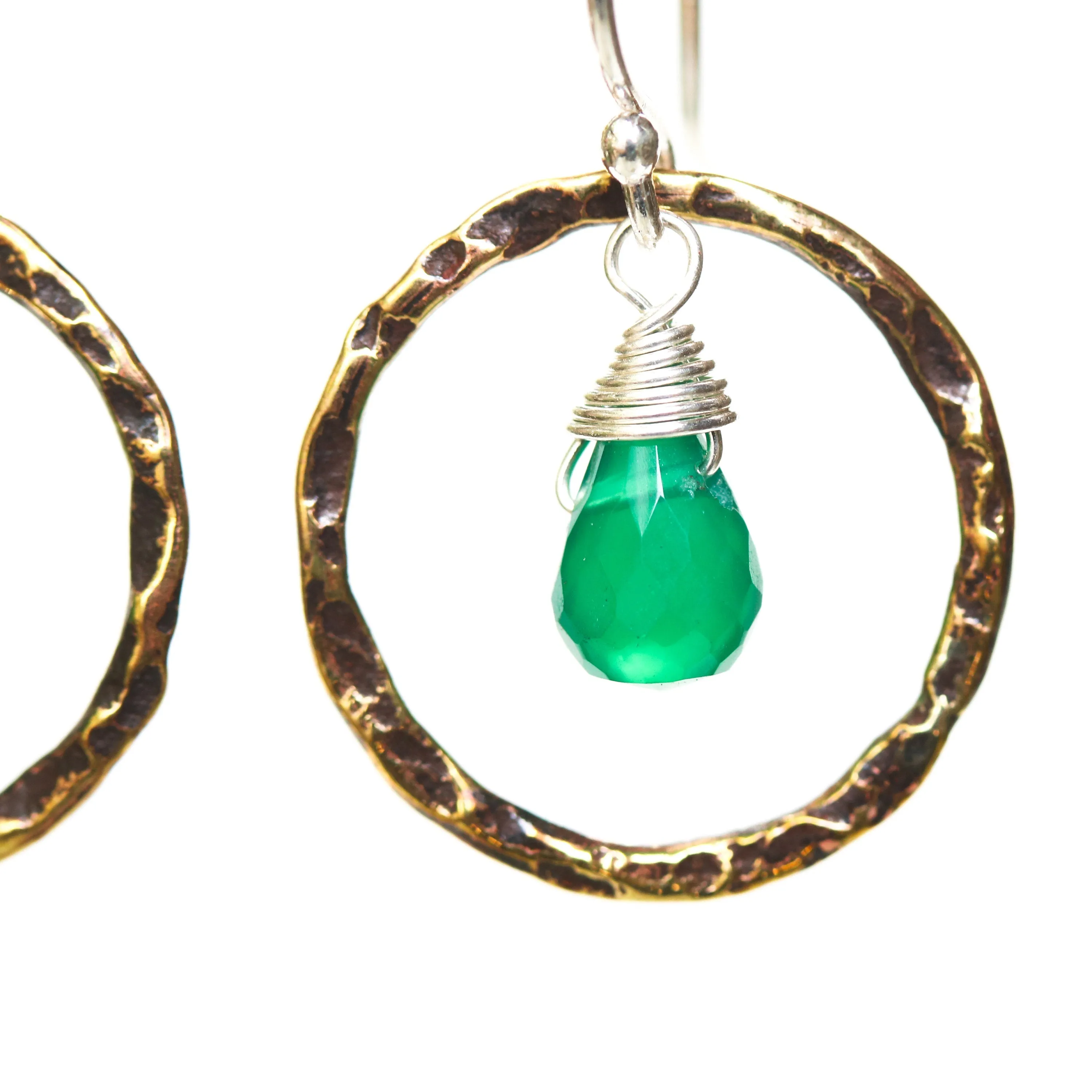 Green onyx earrings and oxidized brass circle shape in hammer textured on sterling silver hook style