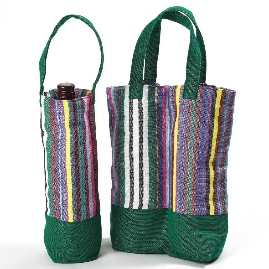 Hand Woven Wine Bottle Tote | Double in Soft Multi Stripe