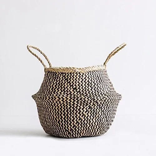Hands Craft Large Seagrass Rice Belly Baskets Woven Weave Tote Basket for Storage, Laundry, Picnic, Plant Pot Cover, and Beach Bag (Black Zigzag, Large)