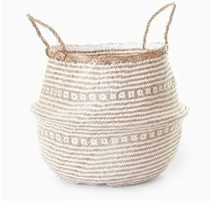 Hands Craft Medium Natural Plush Woven Seagrass Tote Belly Basket Storage, Laundry, Picnic, Plant Pot Cover Beach Bag (Plush Criss-Cross Seagrass White, Medium)