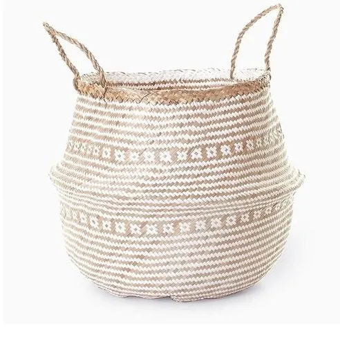 Hands Craft Medium Natural Plush Woven Seagrass Tote Belly Basket Storage, Laundry, Picnic, Plant Pot Cover Beach Bag (Plush Criss-Cross Seagrass White, Medium)