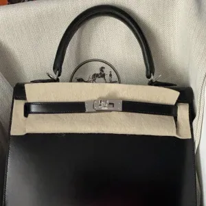 Hermès Kelly 25 Noir (Black) Sellier Box Palladium Hardware PHW