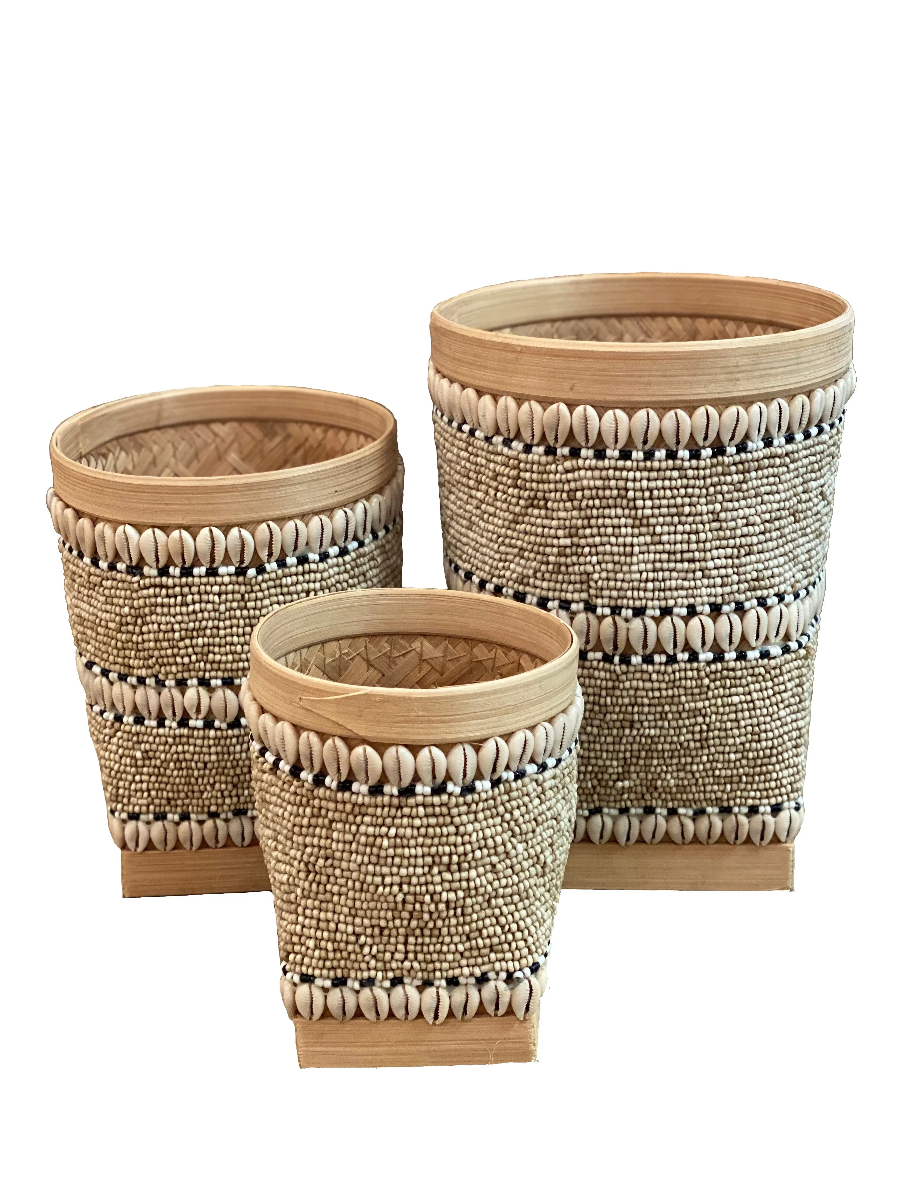 Indonesian Beaded Baskets- Nat/Shell