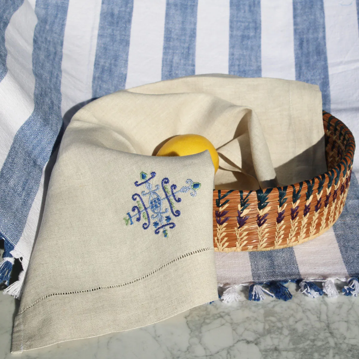 Large Fruit or Pastry Basket with Navy and Plum Detail