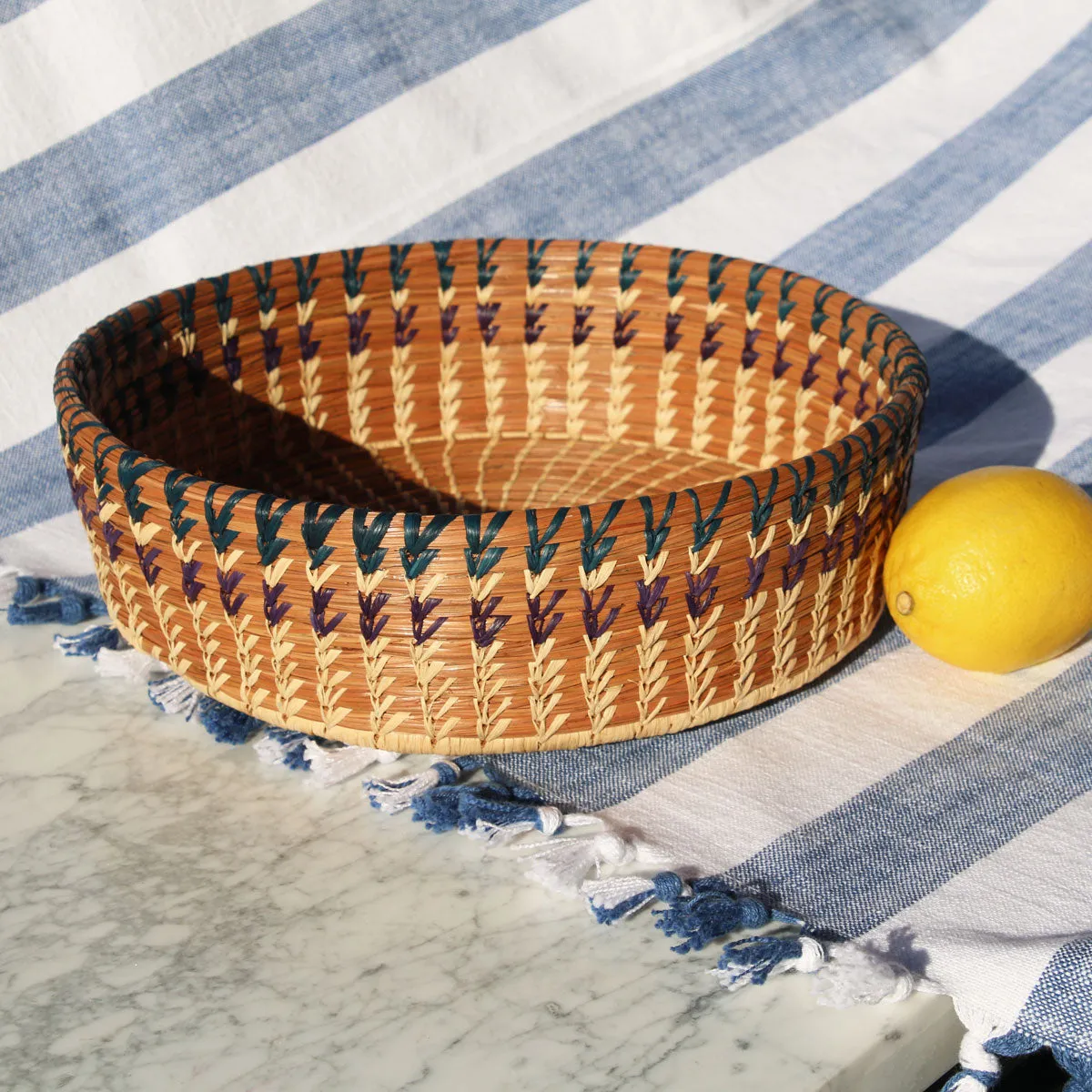 Large Fruit or Pastry Basket with Navy and Plum Detail