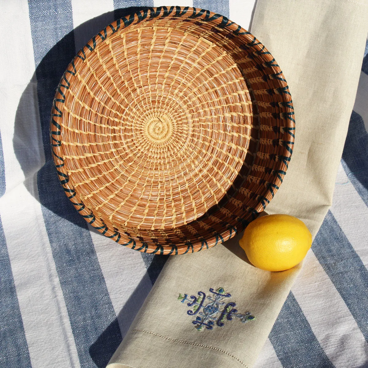 Large Fruit or Pastry Basket with Navy and Plum Detail
