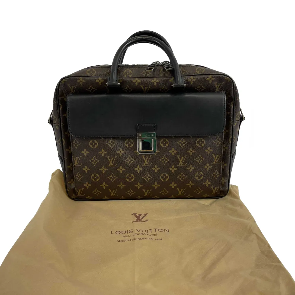 Louis Vuitton Briefcase Monogram Canvas Macassar Leather Laptop Bag Brown Black