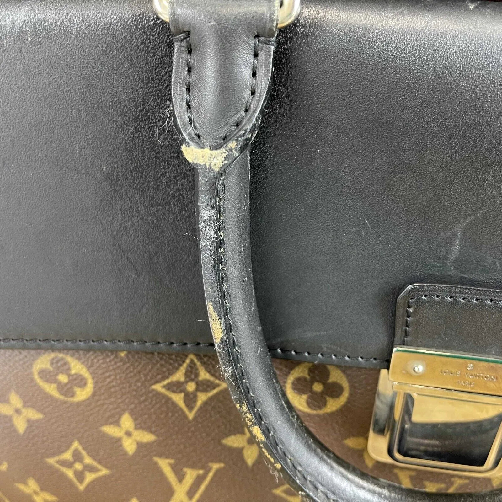 Louis Vuitton Briefcase Monogram Canvas Macassar Leather Laptop Bag Brown Black
