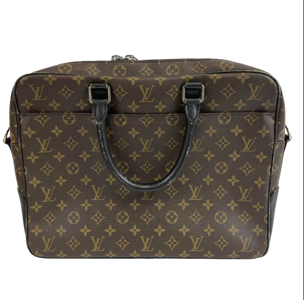 Louis Vuitton Briefcase Monogram Canvas Macassar Leather Laptop Bag Brown Black