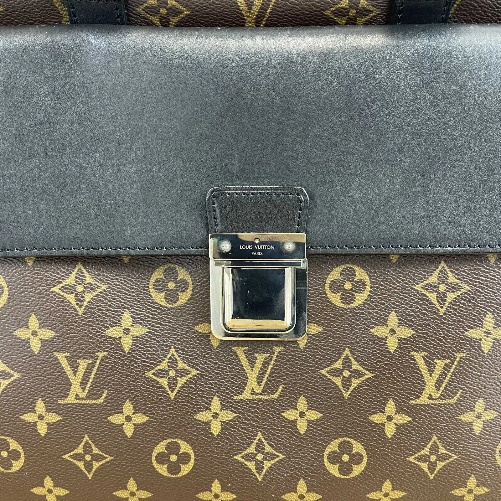 Louis Vuitton Briefcase Monogram Canvas Macassar Leather Laptop Bag Brown Black