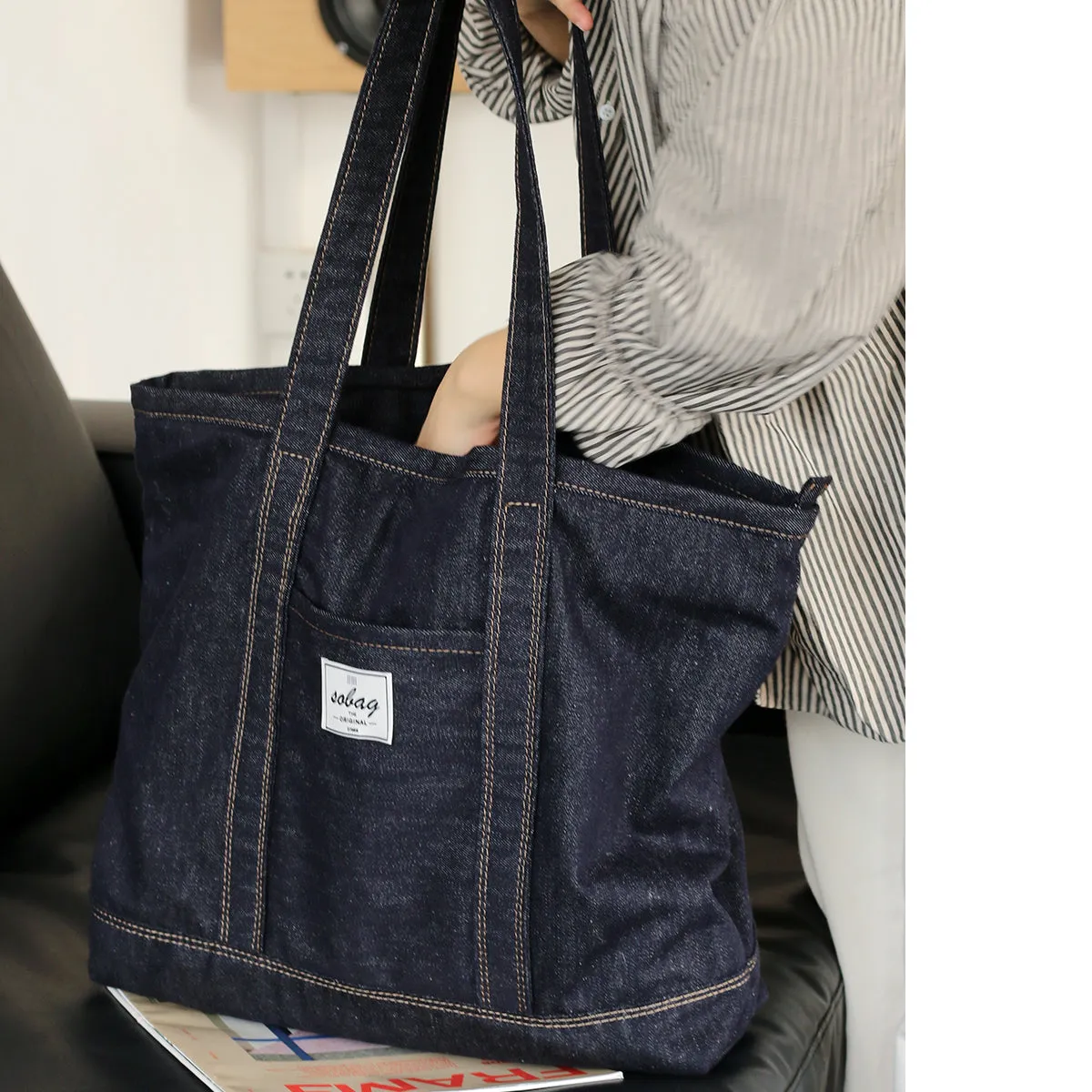 Mens Blue Denim Large Tote Bags Denim Handbag Denim Large Tote Shoulder Bag for Men Women