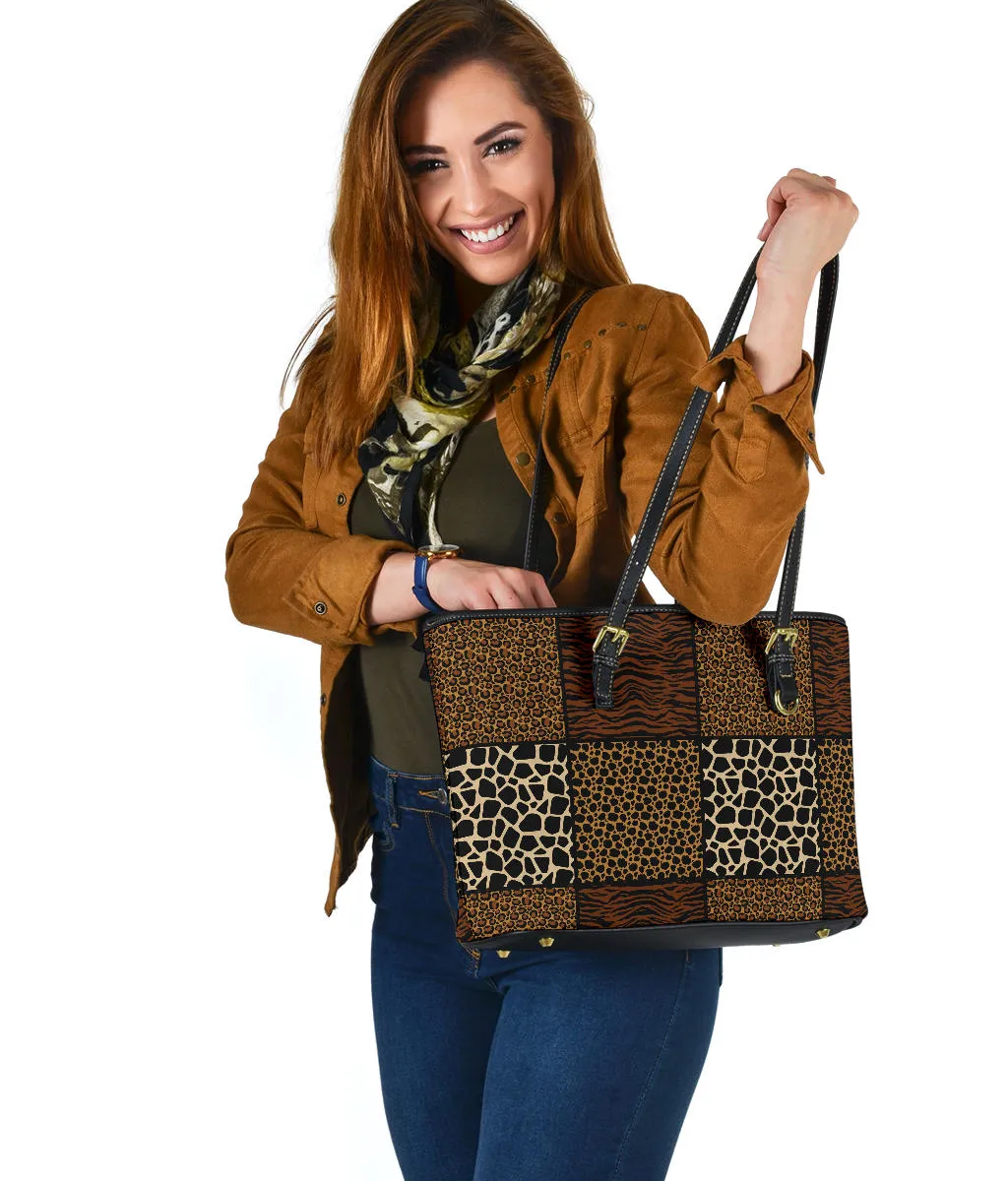Patchwork Animal Print Pattern Vegan Leather Tote Bag