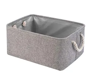 Perber Storage Baskets,Decorative Collapsible Rectangular Linen Fabric Storage Bin,Underwear,Tie,Bras,Socks,Closet and Dresser Organizer- Grey Small