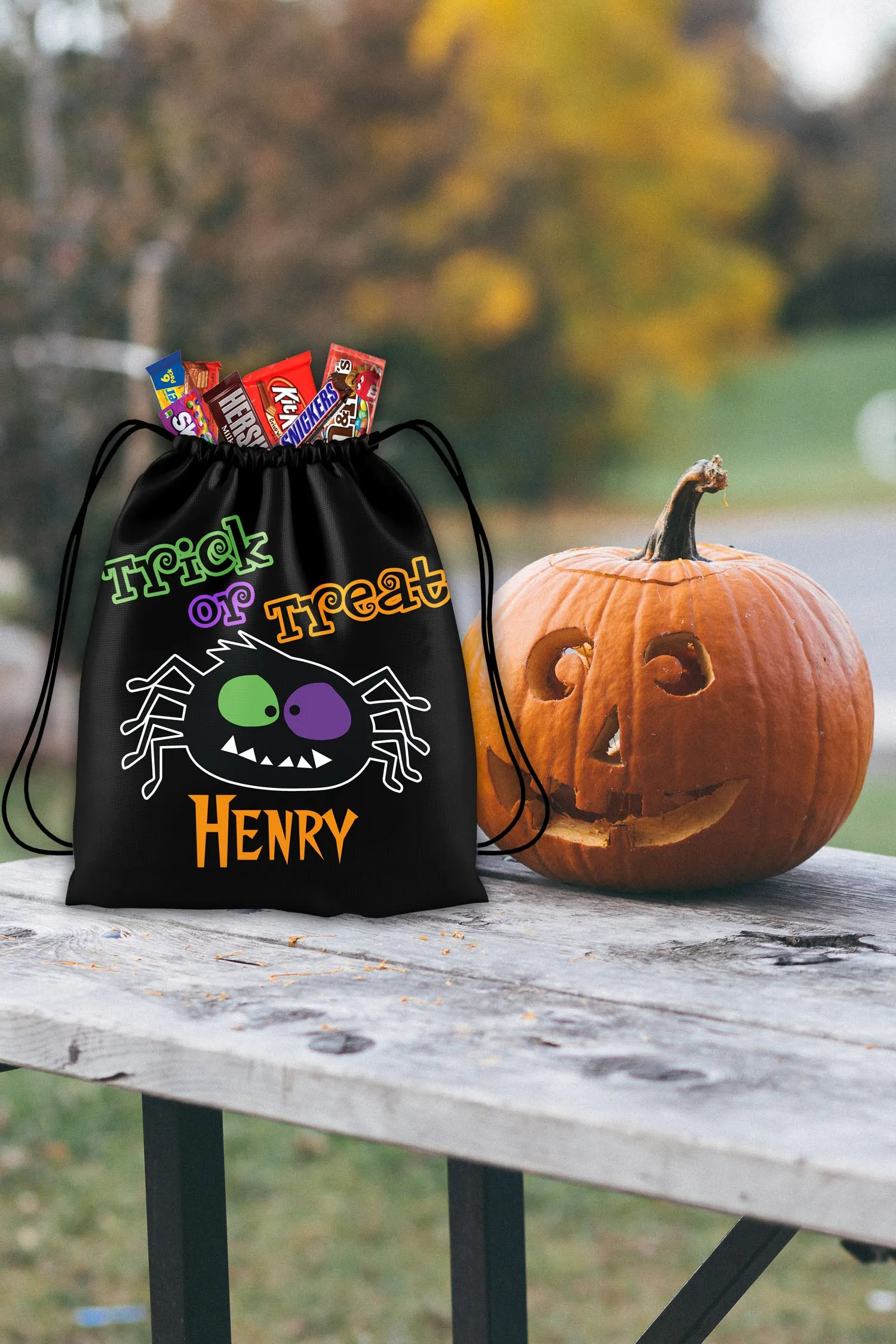 Personalized Halloween Trick Or Treat Bag, Kids Drawstring Bag - Spooky Spider
