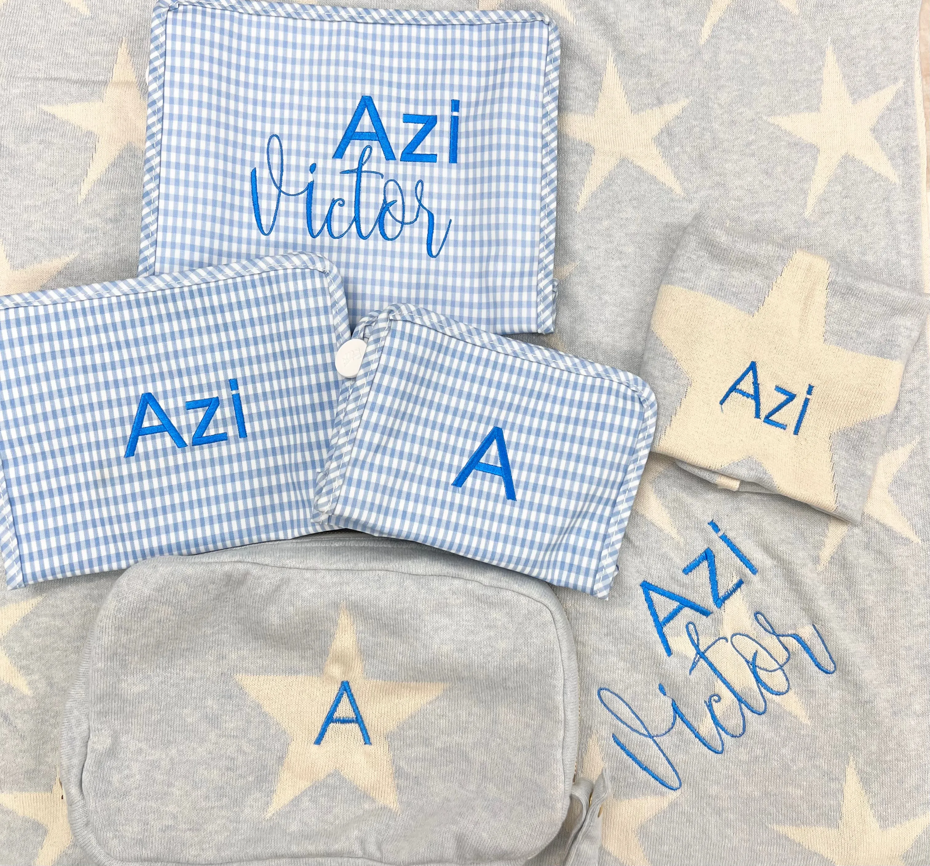 Personalized Nylon Mist Gingham Set of 3 Pouches