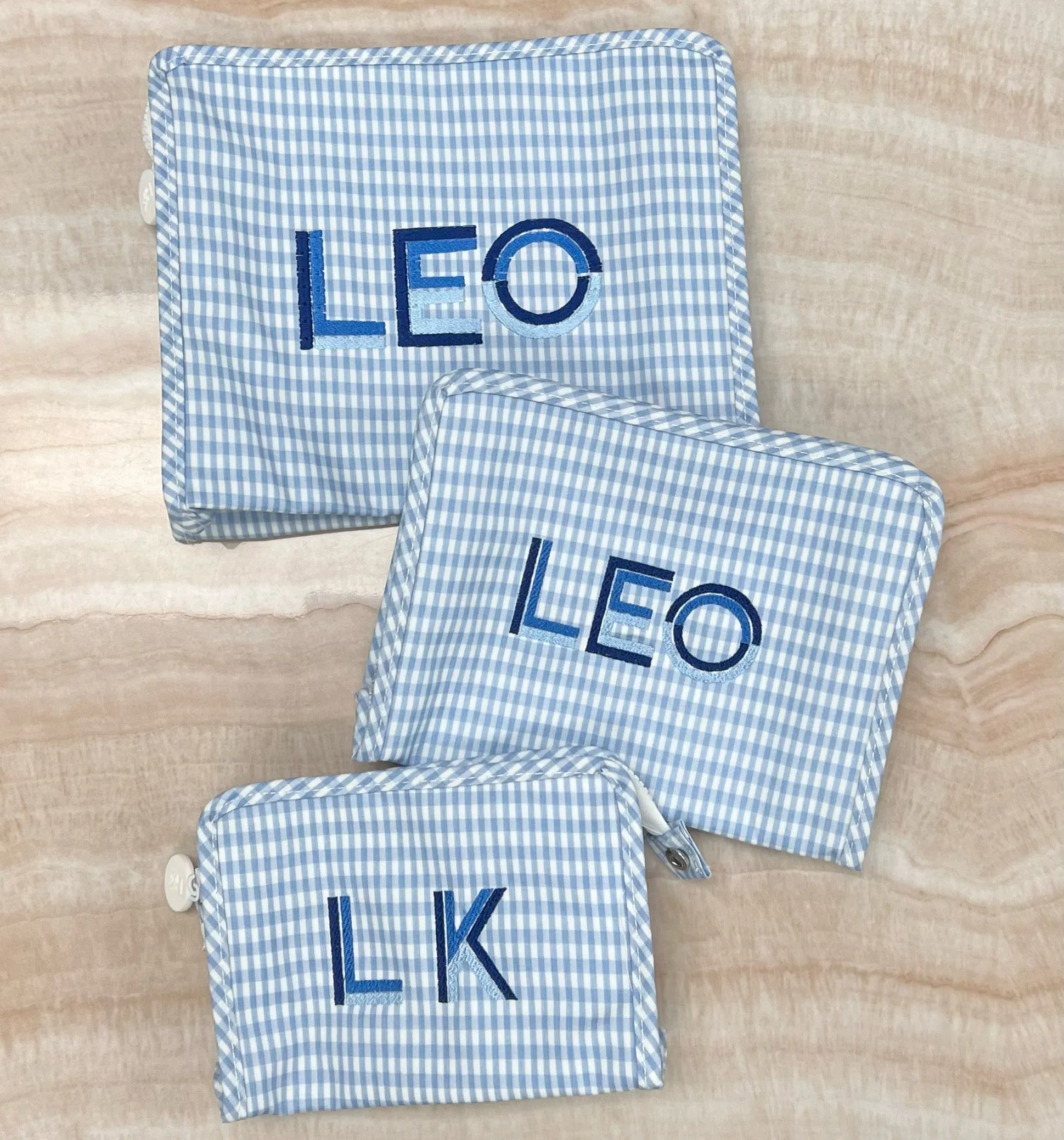 Personalized Nylon Mist Gingham Set of 3 Pouches