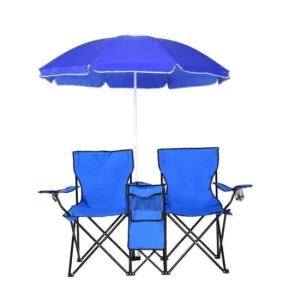 Portable Picnic Umbrella with Fold-able Table, Two (2) Chairs and Mini Cooler