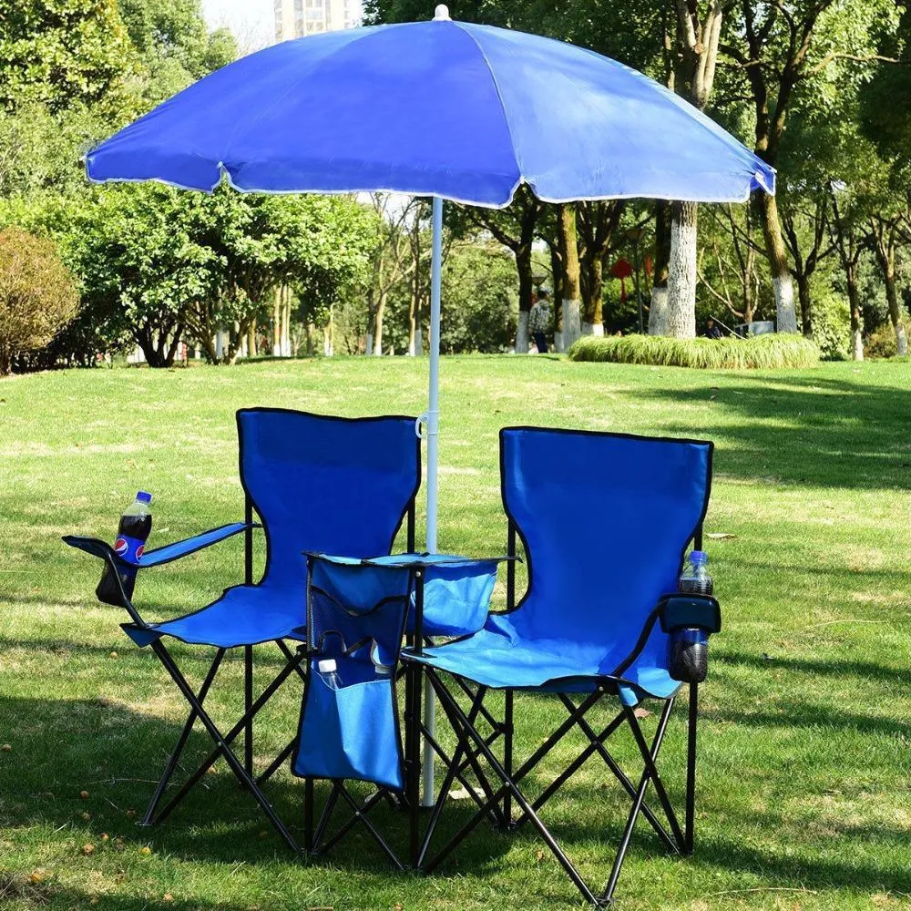 Portable Picnic Umbrella with Fold-able Table, Two (2) Chairs and Mini Cooler