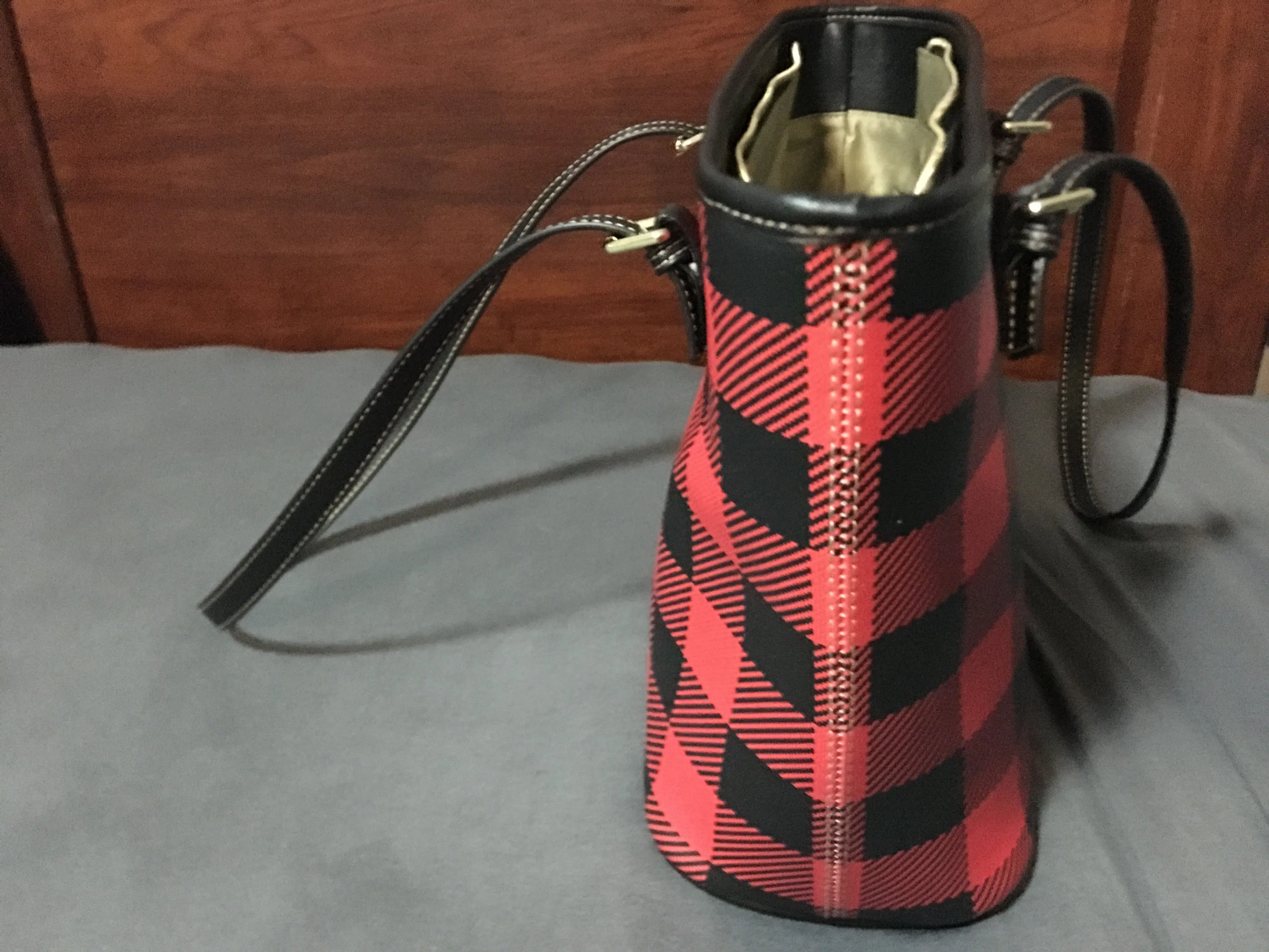 Red Buffalo Plaid Vegan Leather Tote Bag