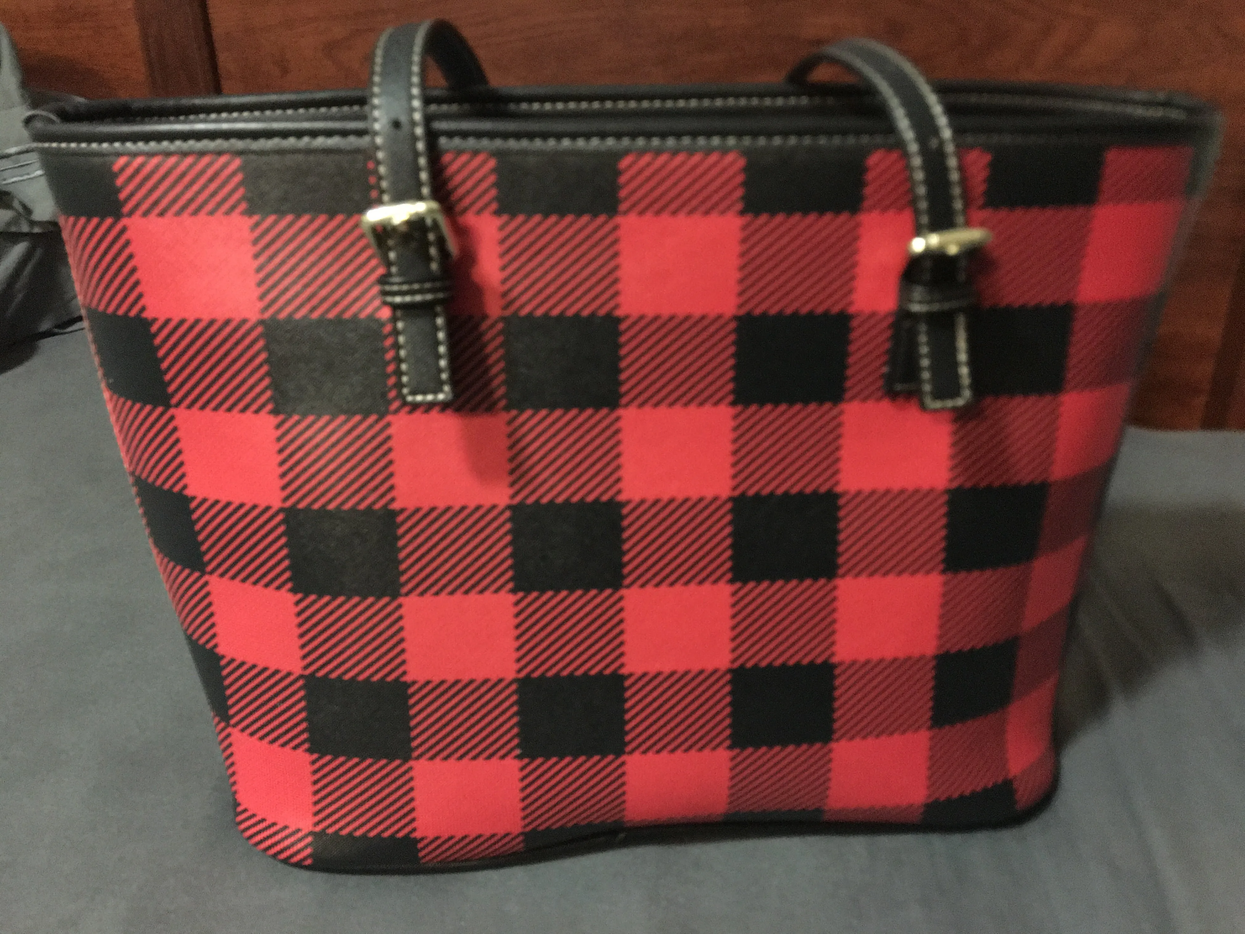 Red Buffalo Plaid Vegan Leather Tote Bag