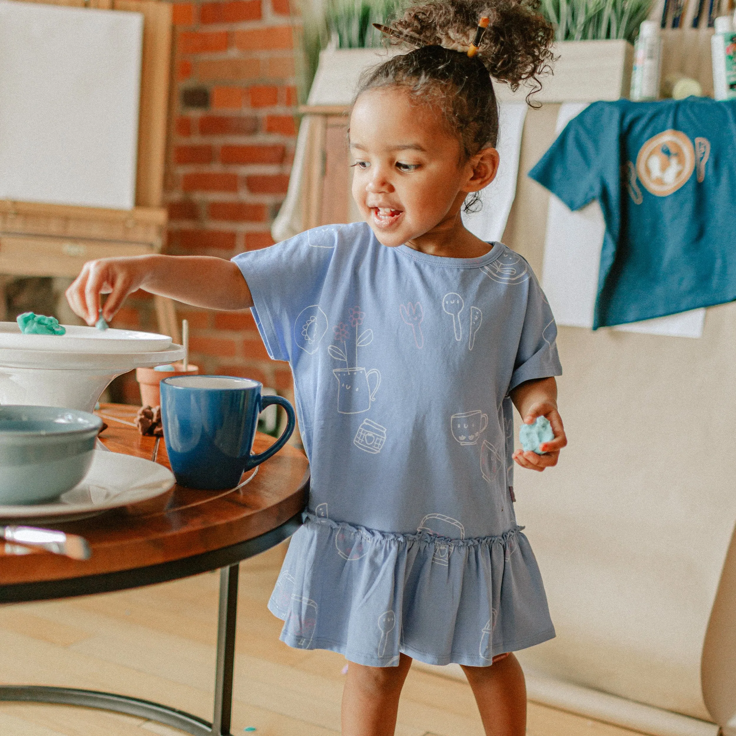 Robe bleue lavande à motifs en coton extensible, bébé || Lavender blue patterned dress in stretch cotton, baby