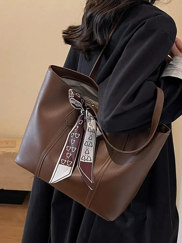 Scarf Embellished Leather Tote Bag