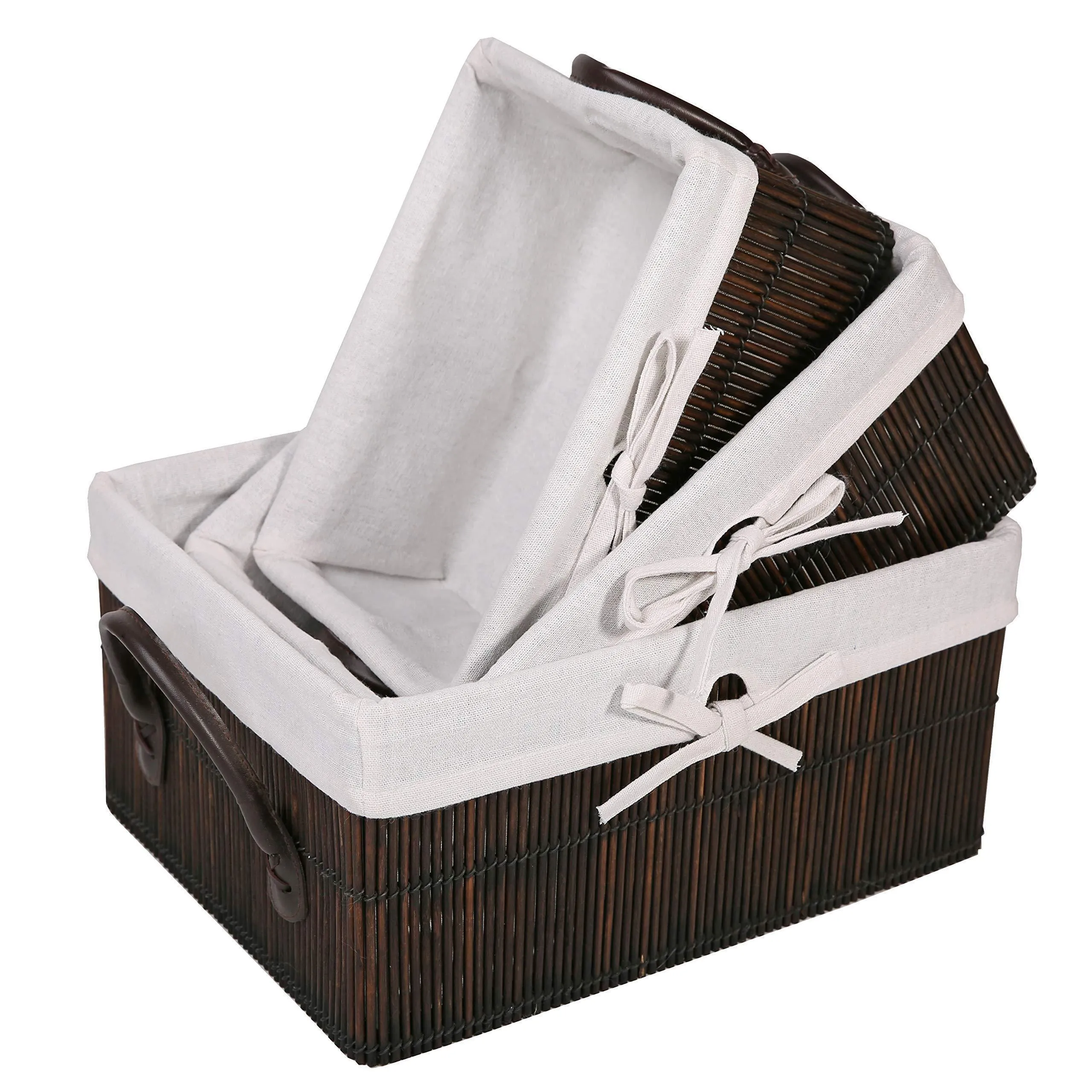 SLPR Rectangular Bamboo Baskets with Leather Handles and Lining (Set of 3) | Farmhouse Rustic Country Style Storage for Closet Bedroom Kitchen Nursery