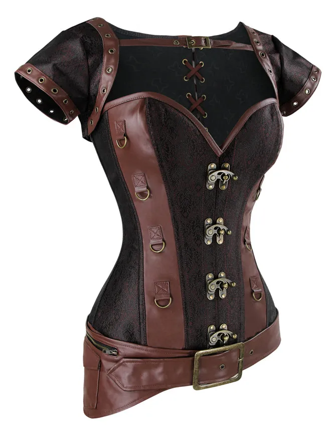 Steel Boned Steampunk Retro Brocade and Leather Overbust Corset with Jacket and Belt
