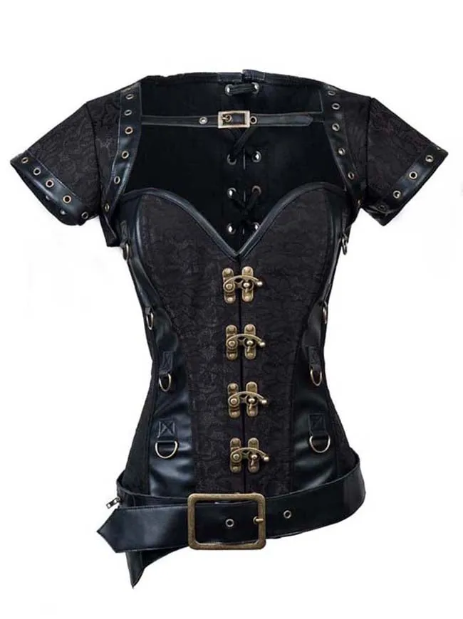 Steel Boned Steampunk Retro Brocade and Leather Overbust Corset with Jacket and Belt