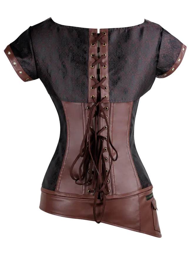 Steel Boned Steampunk Retro Brocade and Leather Overbust Corset with Jacket and Belt
