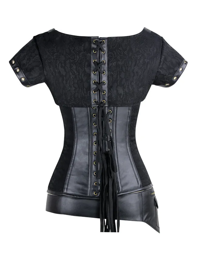 Steel Boned Steampunk Retro Brocade and Leather Overbust Corset with Jacket and Belt