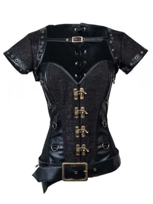 Steel Boned Steampunk Retro Brocade and Leather Overbust Corset with Jacket and Belt