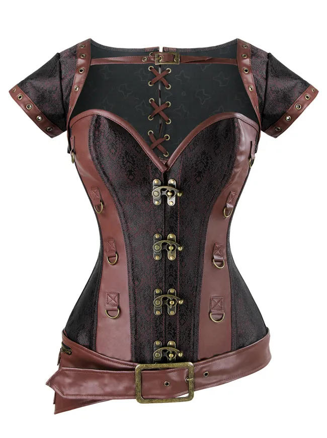 Steel Boned Steampunk Retro Brocade and Leather Overbust Corset with Jacket and Belt