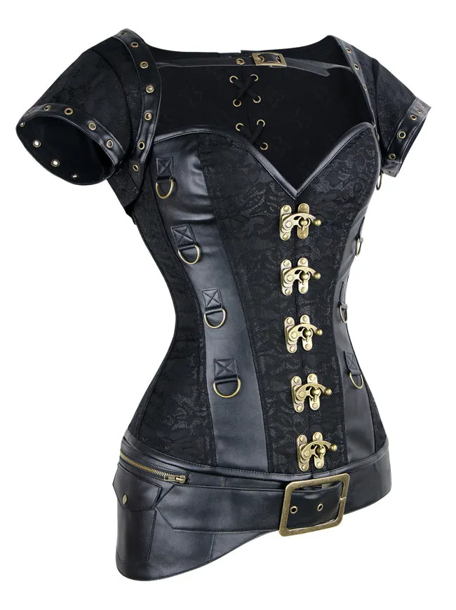Steel Boned Steampunk Retro Brocade and Leather Overbust Corset with Jacket and Belt