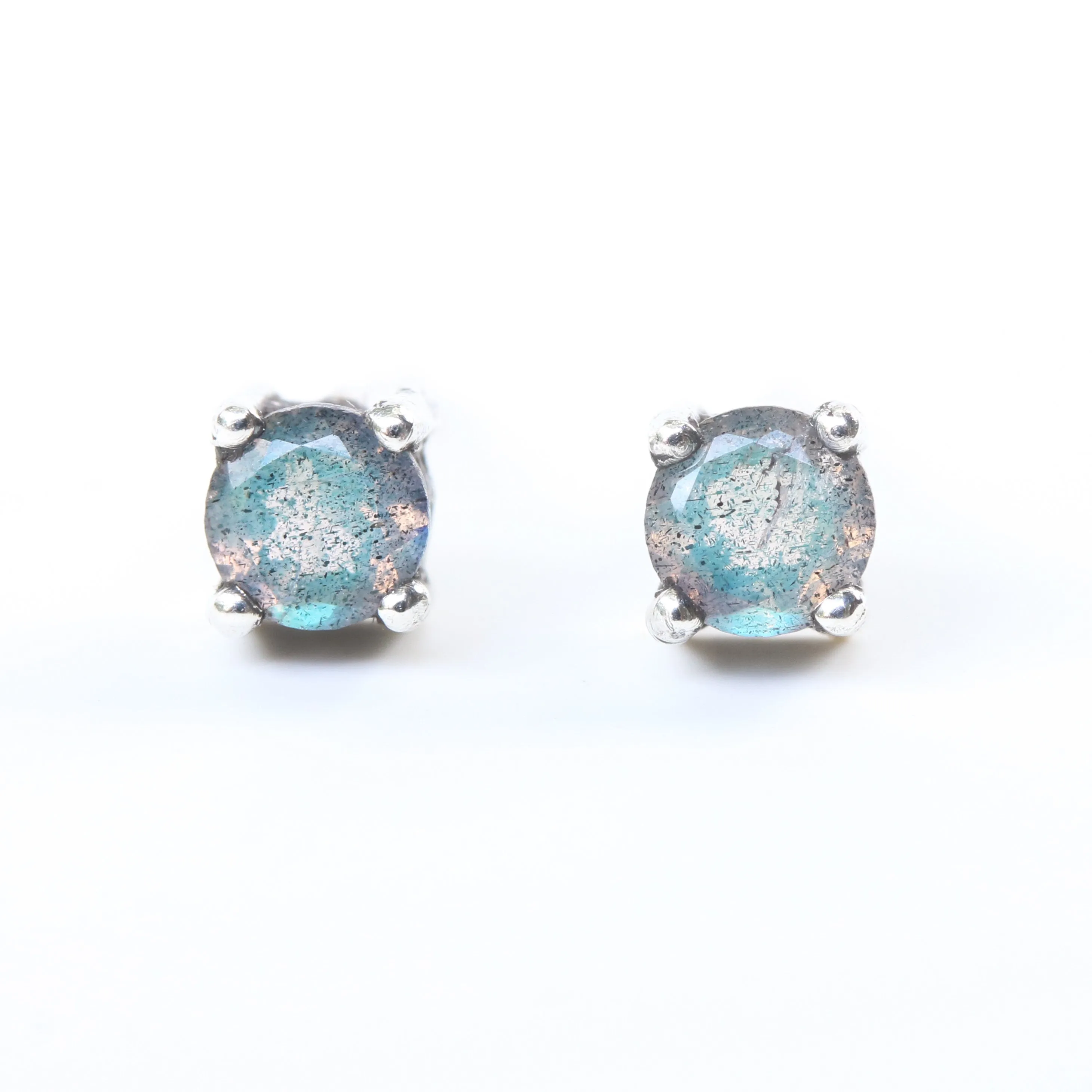 Sterling silver stud earrings with faceted labradorite in prongs setting with sterling silver post and backing