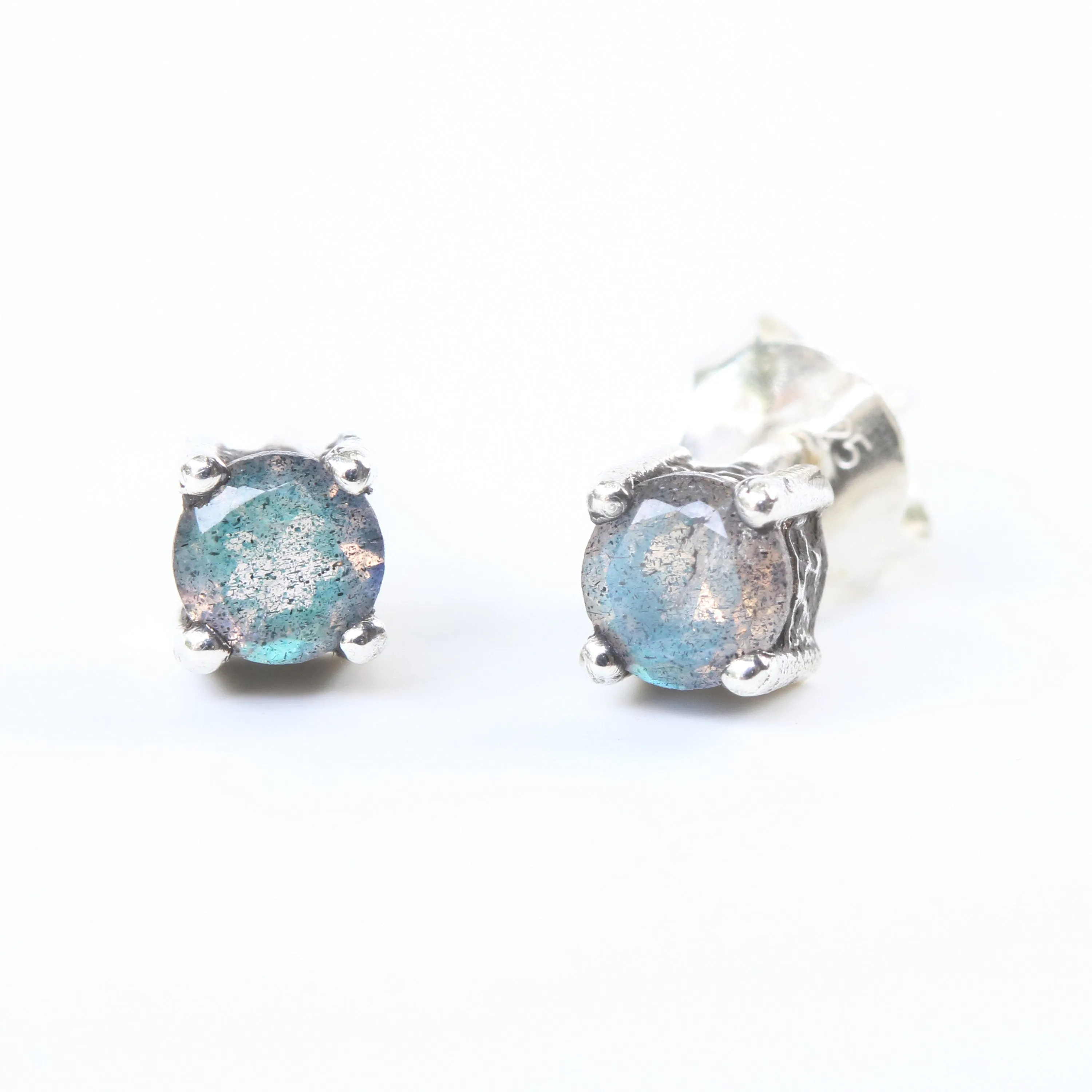 Sterling silver stud earrings with faceted labradorite in prongs setting with sterling silver post and backing