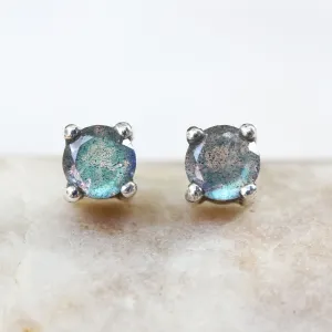 Sterling silver stud earrings with faceted labradorite in prongs setting with sterling silver post and backing