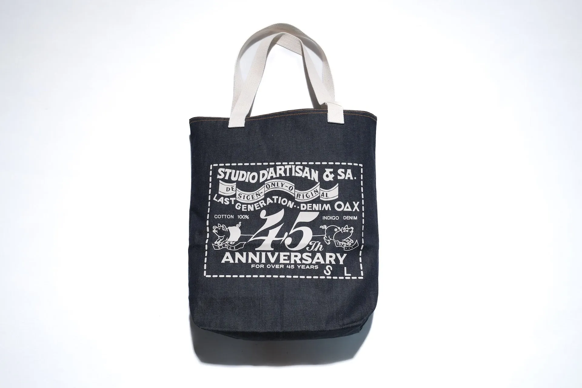 Studio D'Artisan "Piggy" Indigo Denim Totebag (Ivory)