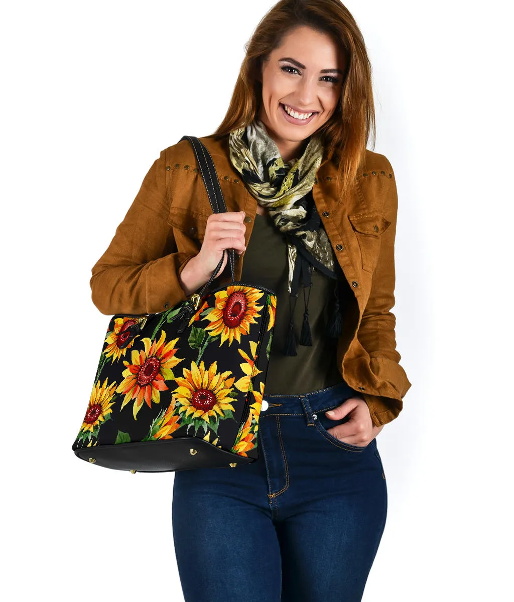 Sunflowers on Black Vegan Leather Tote Bag