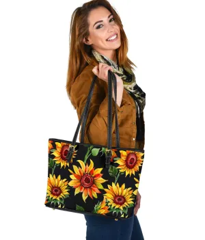 Sunflowers on Black Vegan Leather Tote Bag
