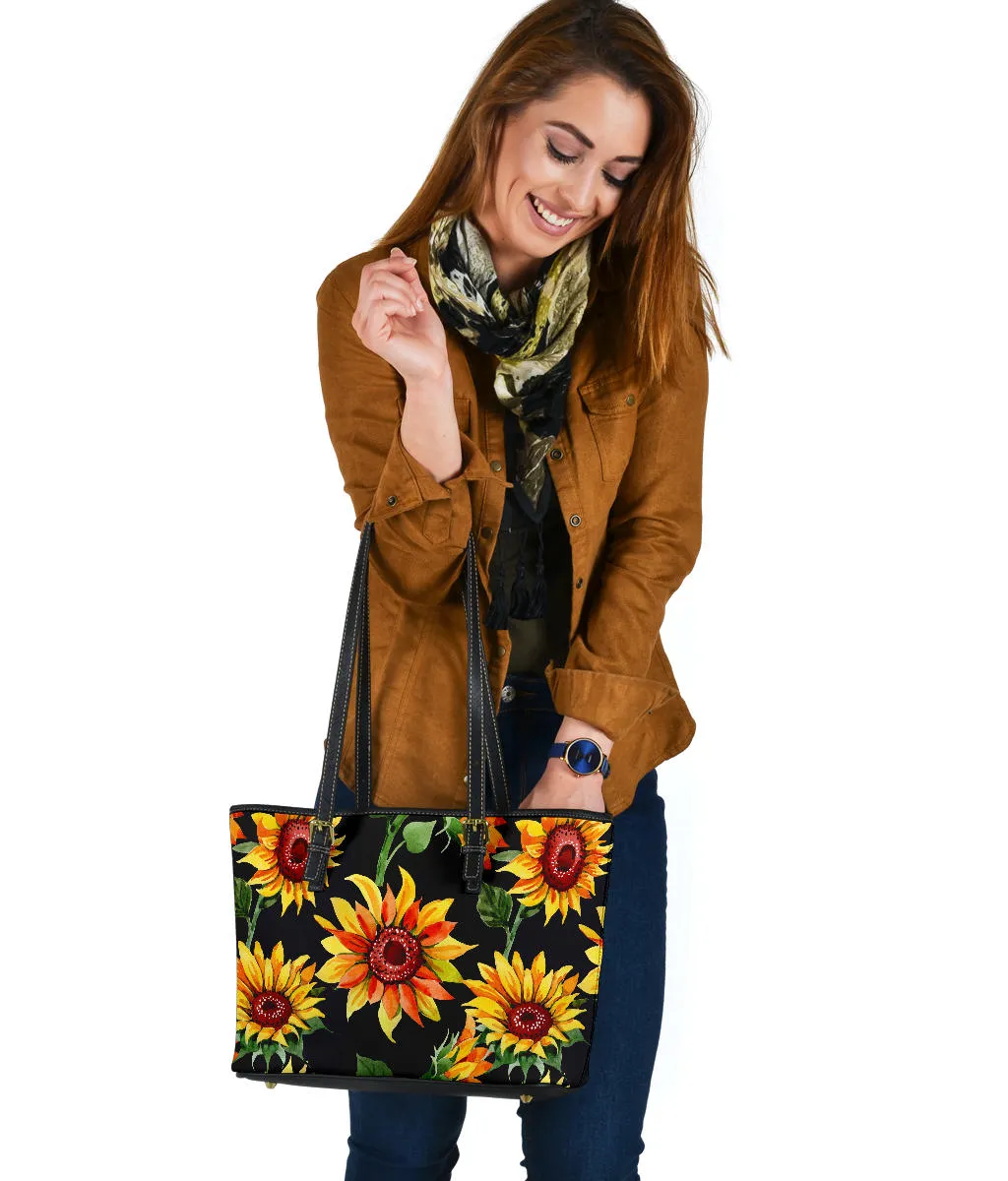 Sunflowers on Black Vegan Leather Tote Bag