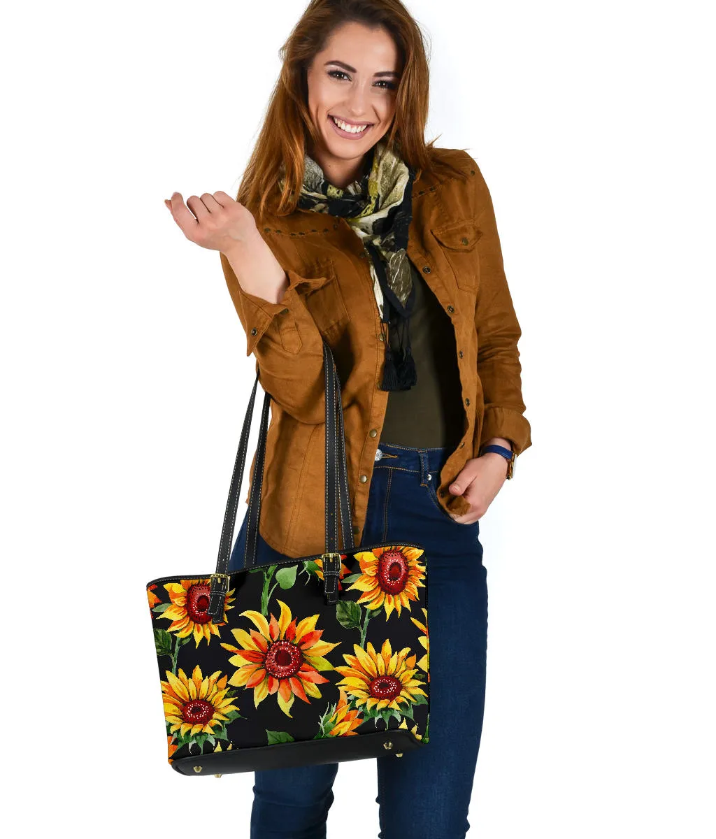 Sunflowers on Black Vegan Leather Tote Bag