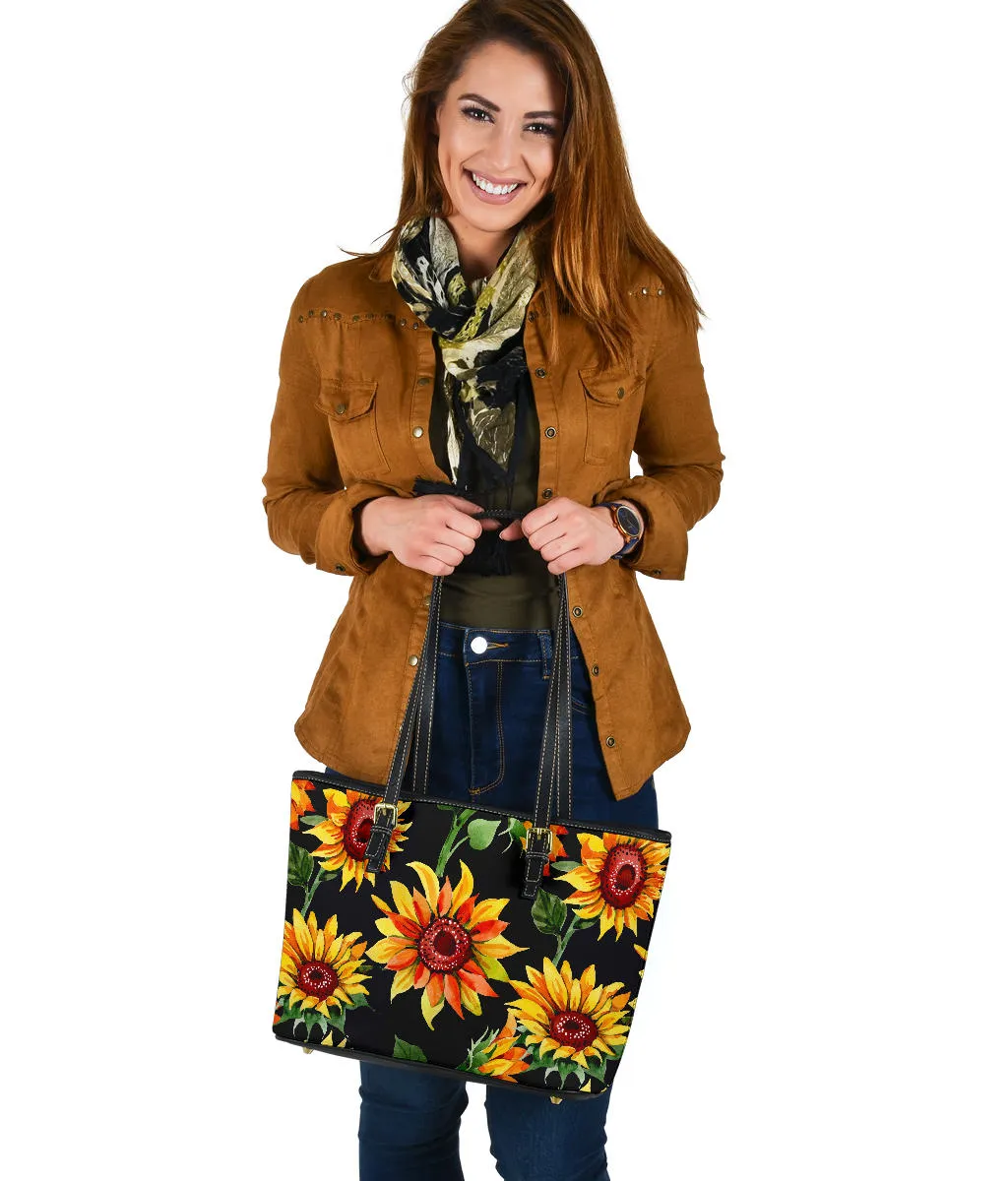 Sunflowers on Black Vegan Leather Tote Bag